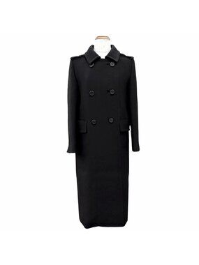 Prada Wool 100% Triangle Logo Double Breasted Long Coat Black 40